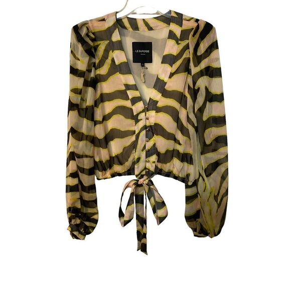 LE SUPERBE Get Ready Zebra Blouse White Black Stripe Tie Top XS 2 - Picture 2 of 6